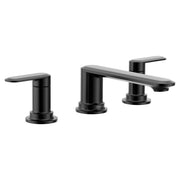 Matte black two-handle roman tub faucet with curved spout and lever handles mounted on round bases.