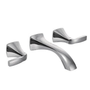 Chrome wall-mount bathroom faucet trim kit with curved spout and two lever handles.