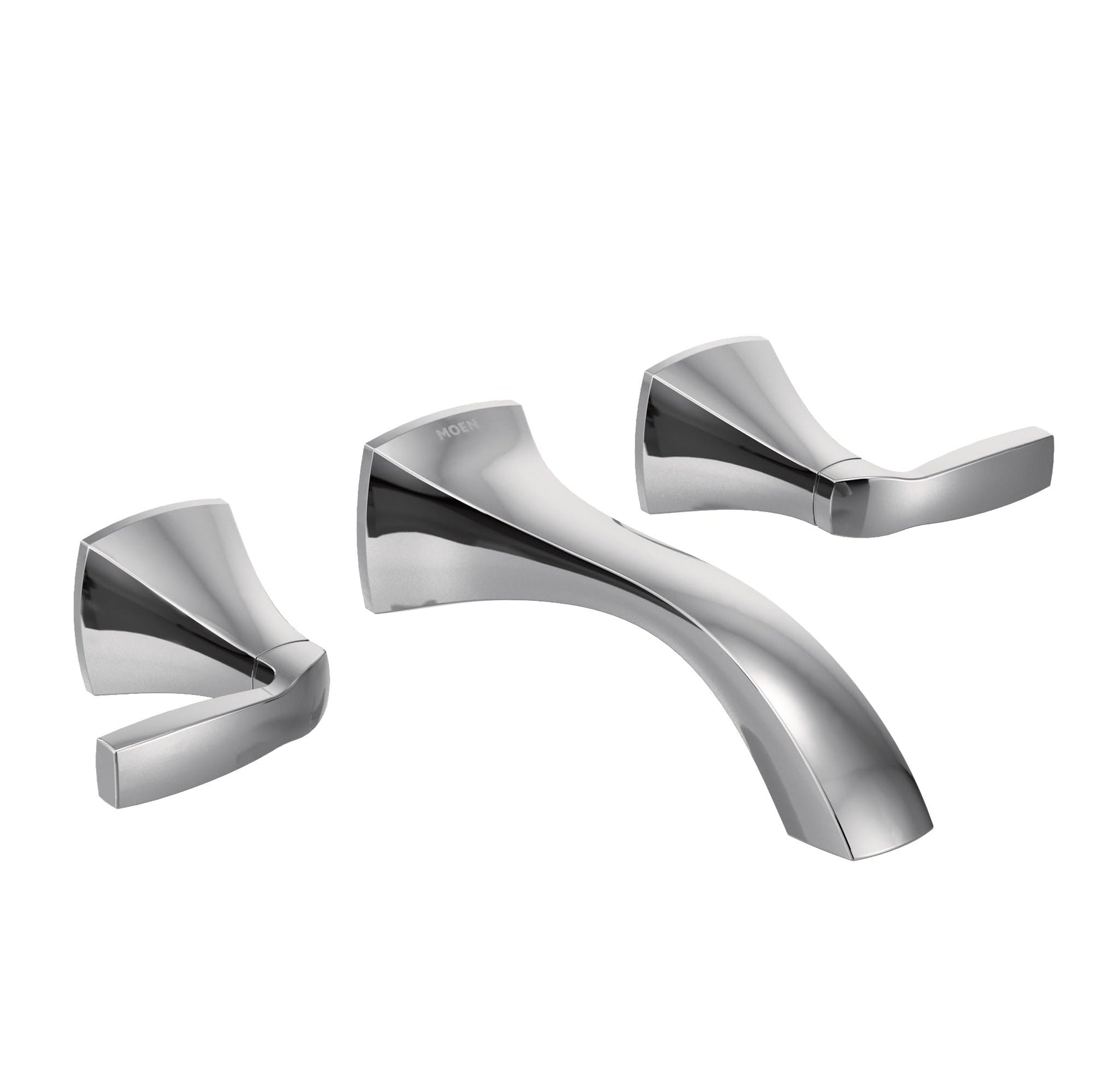 Chrome wall-mount bathroom faucet trim kit with curved spout and two lever handles.
