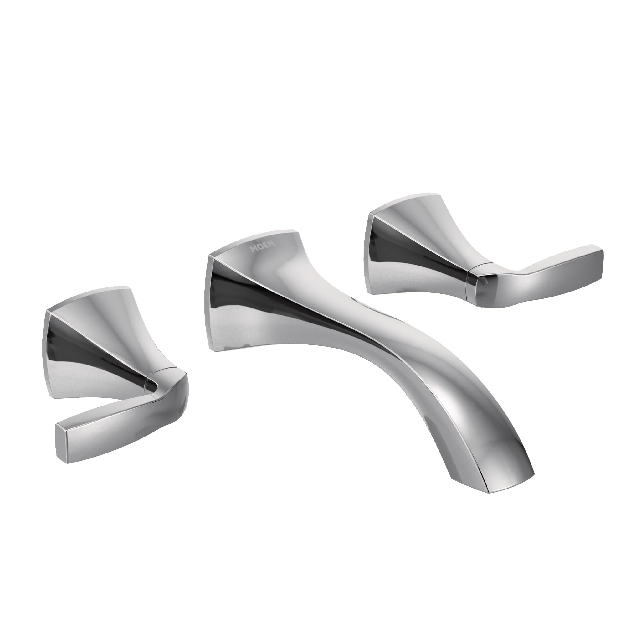 Chrome wall-mount bathroom faucet trim kit with curved spout and two lever handles.