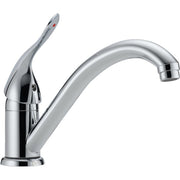 Chrome single-handle kitchen faucet with curved spout and lever control without sidespray.