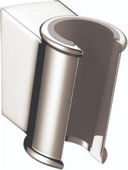 Polished nickel wall-mounted handshower holder with curved grip and rectangular mounting plate.