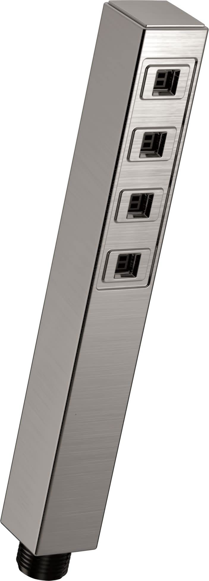 Square brushed nickel hand shower with four outlet ports arranged vertically.