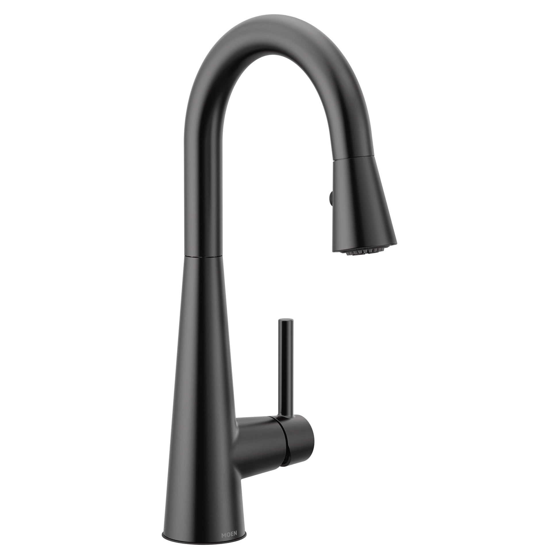 Matte black single-handle bar faucet with high arc pulldown spout and cylindrical base.