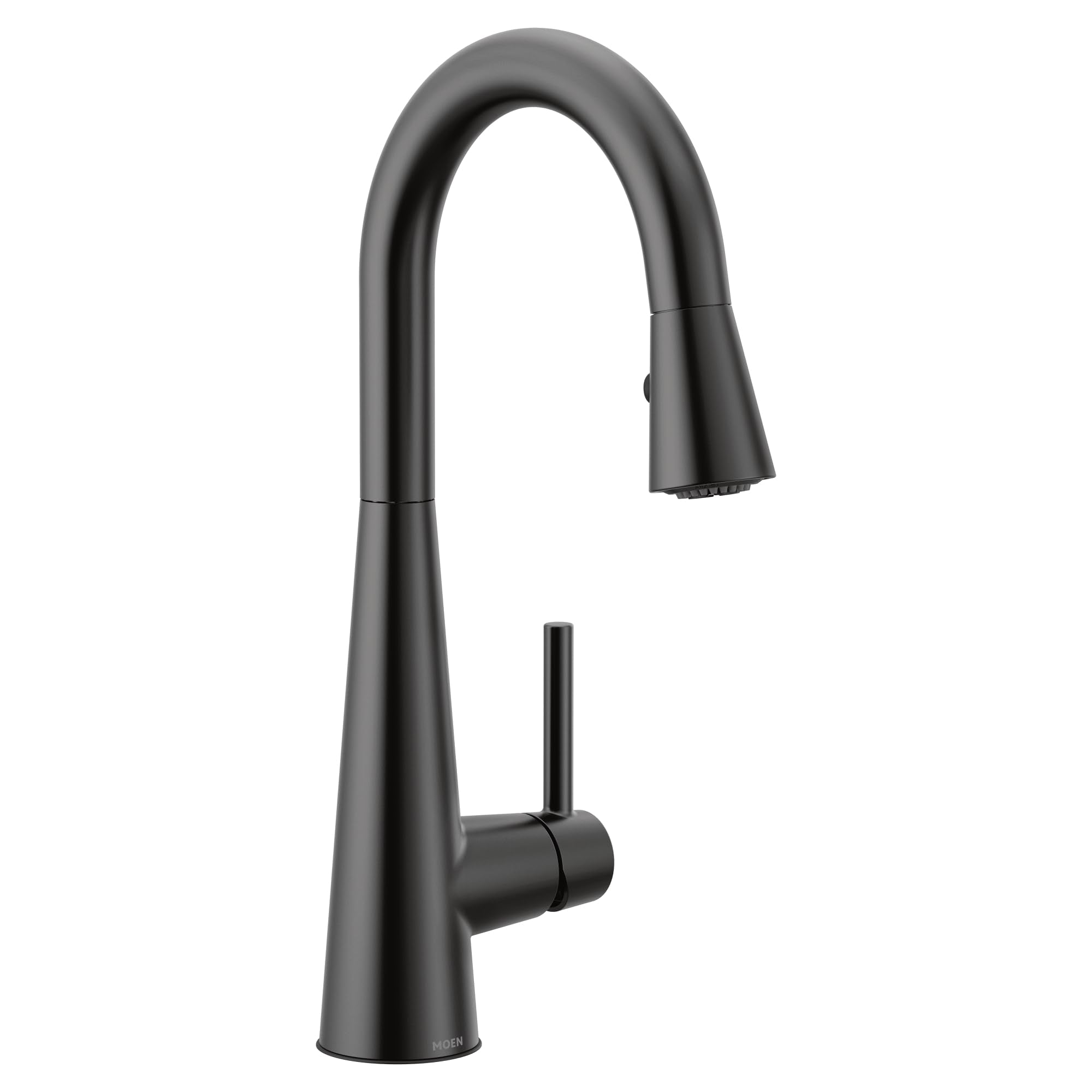 Matte black single-handle bar faucet with high arc pulldown spout and cylindrical base.