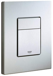 Rectangular brushed stainless steel wall plate with two horizontal button controls and Grohe logo.