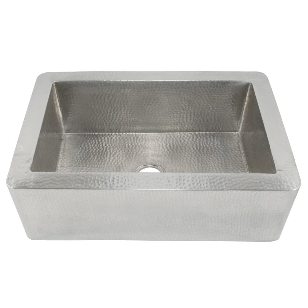 Brushed nickel single-basin farmhouse sink with hammered interior and exterior surfaces, front apron style.
