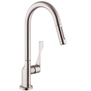 Steel optic high-arc kitchen faucet with pull-down spray head and single lever handle.