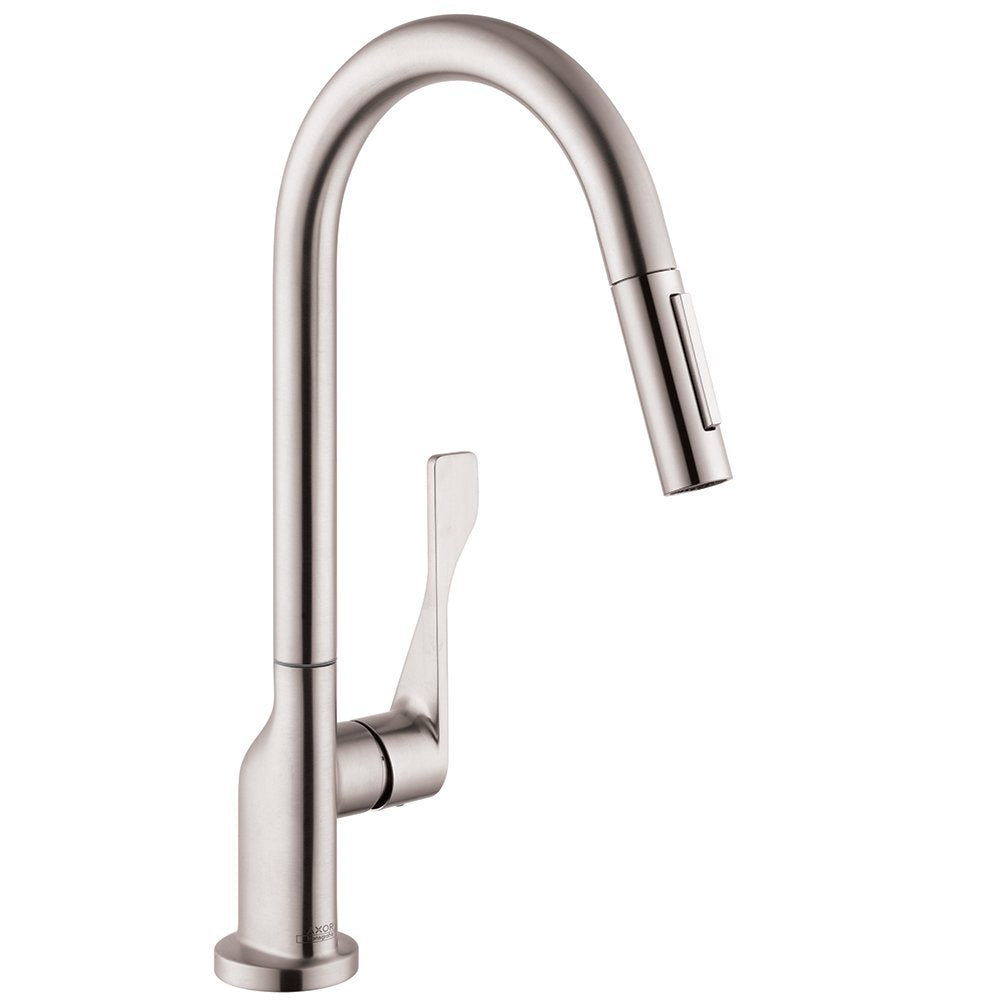 Steel optic high-arc kitchen faucet with pull-down spray head and single lever handle.