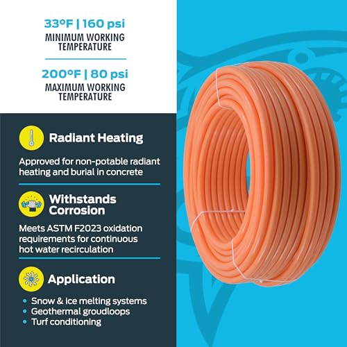 Coiled orange PEX-C pipe with specifications for radiant heating applications and corrosion resistance features displayed on 