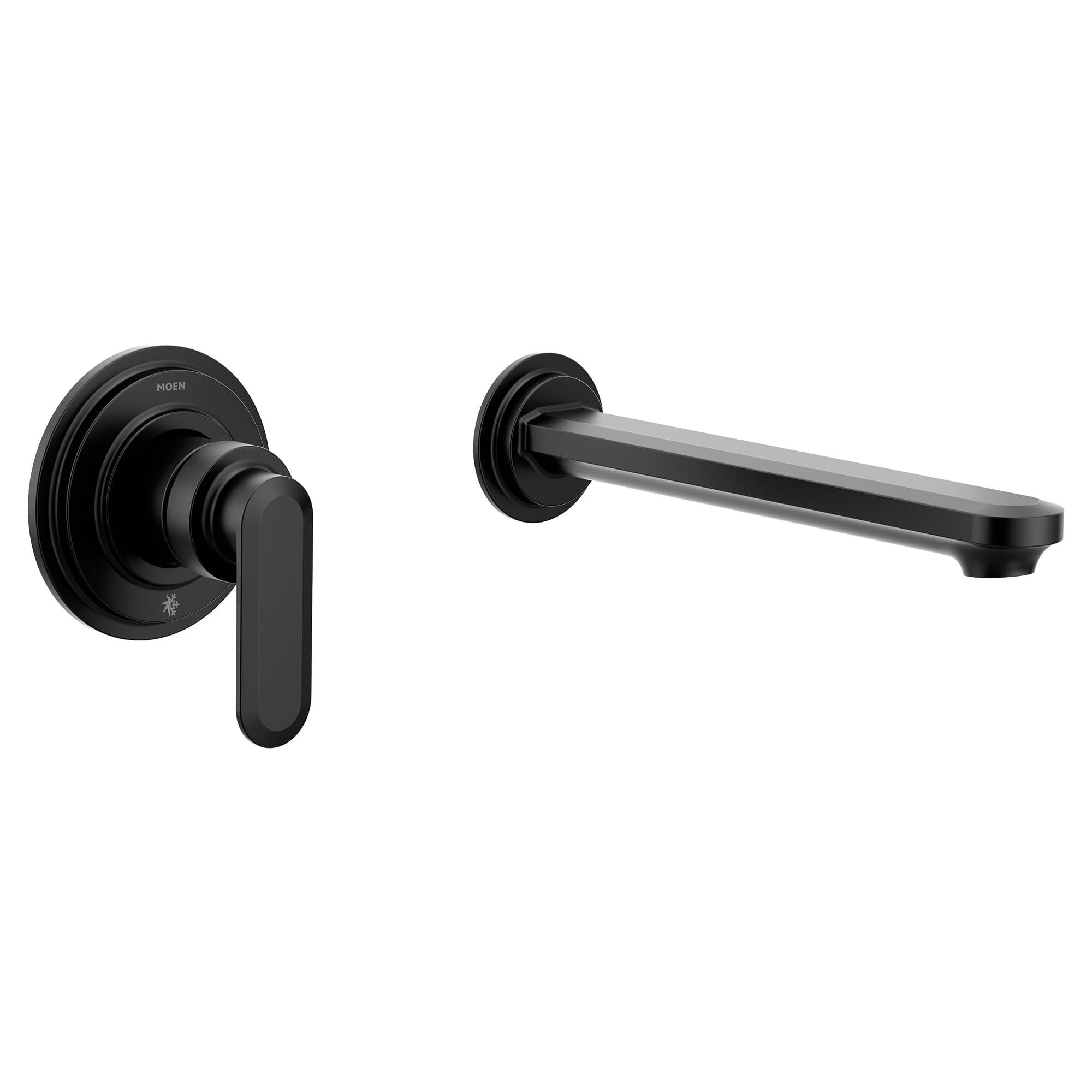 Matte black wall-mounted tub filler with single lever handle and horizontal spout.