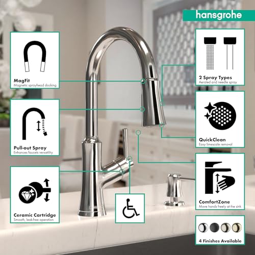 Chrome kitchen faucet with high arc spout, pull-down spray head, and single handle control.