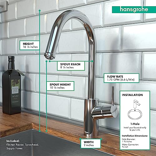 Chrome high-arc kitchen faucet with pull-down spray head and labeled dimensions on white subway tile backsplash.