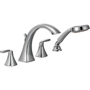 Chrome two-handle deck mount roman tub faucet with curved spout and detachable handshower.