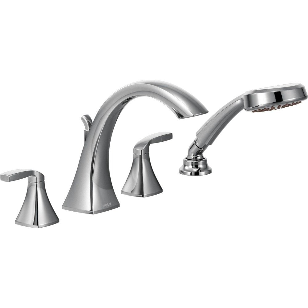 Chrome two-handle deck mount roman tub faucet with curved spout and detachable handshower.