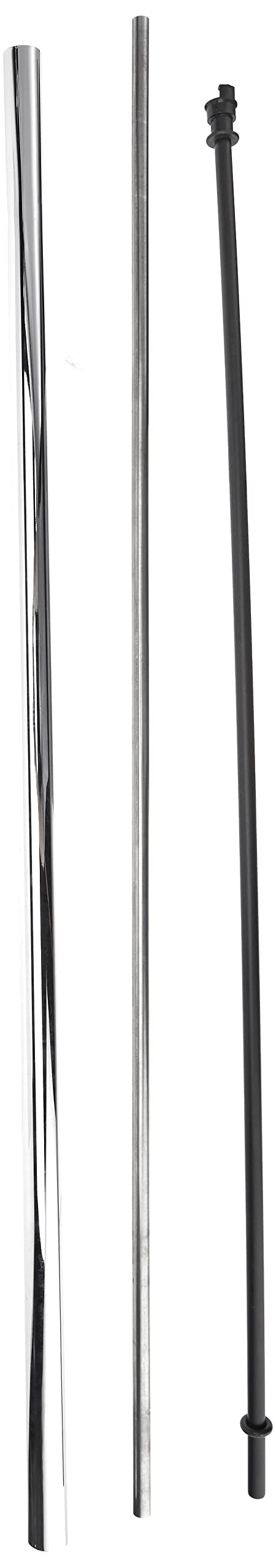 Three vertical shower rails in chrome and black finishes with connector fittings.