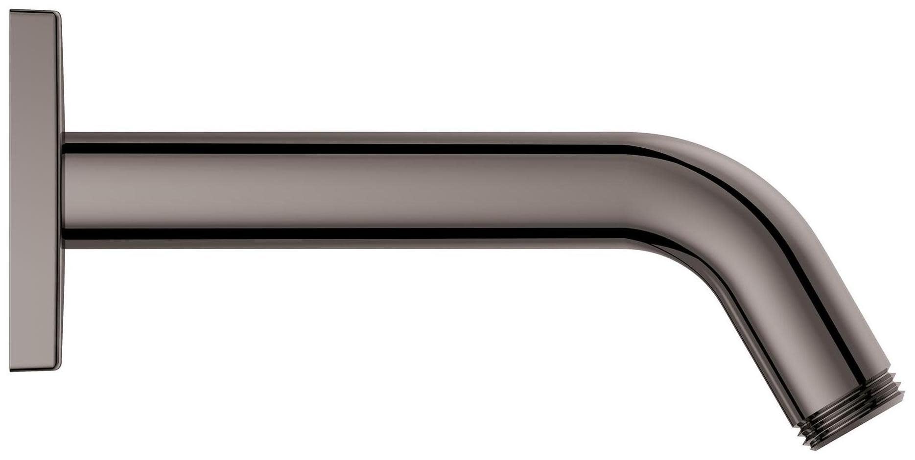 Matte black curved shower arm with wall-mounted square flange and angled outlet end.