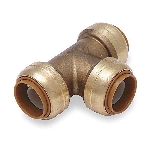 Brass tee fitting with three push-fit connectors, 3/4 inch diameter ports on all sides.