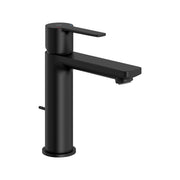 Matte black single-handle bathroom faucet with cylindrical body, horizontal spout, and lever control.