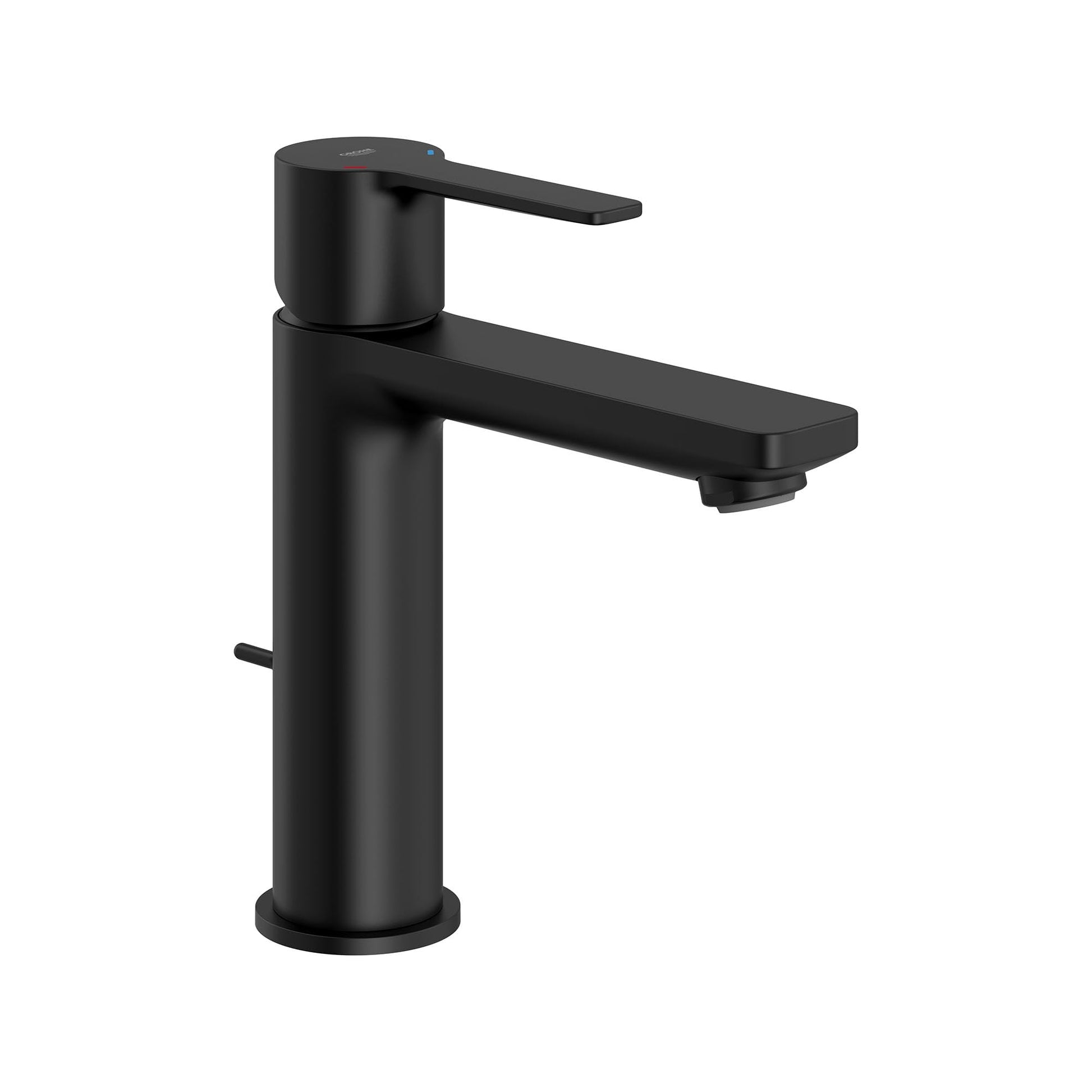 Matte black single-handle bathroom faucet with cylindrical body, horizontal spout, and lever control.
