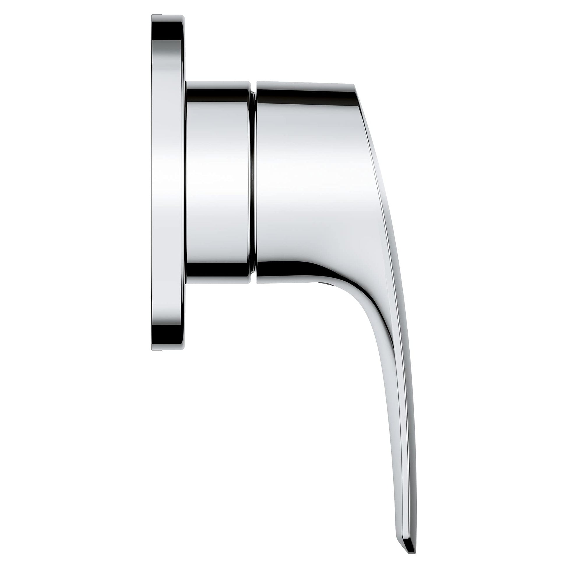 Chrome 3-way diverter trim with cylindrical body and curved lever handle.