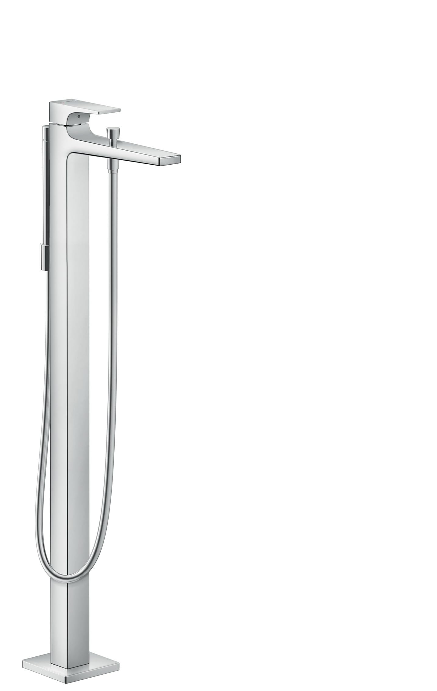 Chrome freestanding tub filler with tall square post, lever handle, curved spout, and detachable handshower on hose.