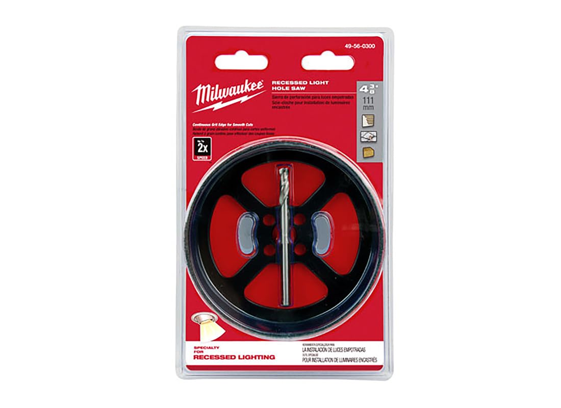 Milwaukee 4-3/8 inch recessed light hole saw with black cutting wheel and center pilot bit on red packaging.