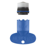 Grohe chrome flow control cartridge with white cap, black threads, blue seal ring, and blue Neoperl cache component.