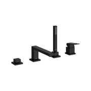 Matte black four-hole roman tub faucet with single handle, tall hand shower, and two deck-mounted control knobs.
