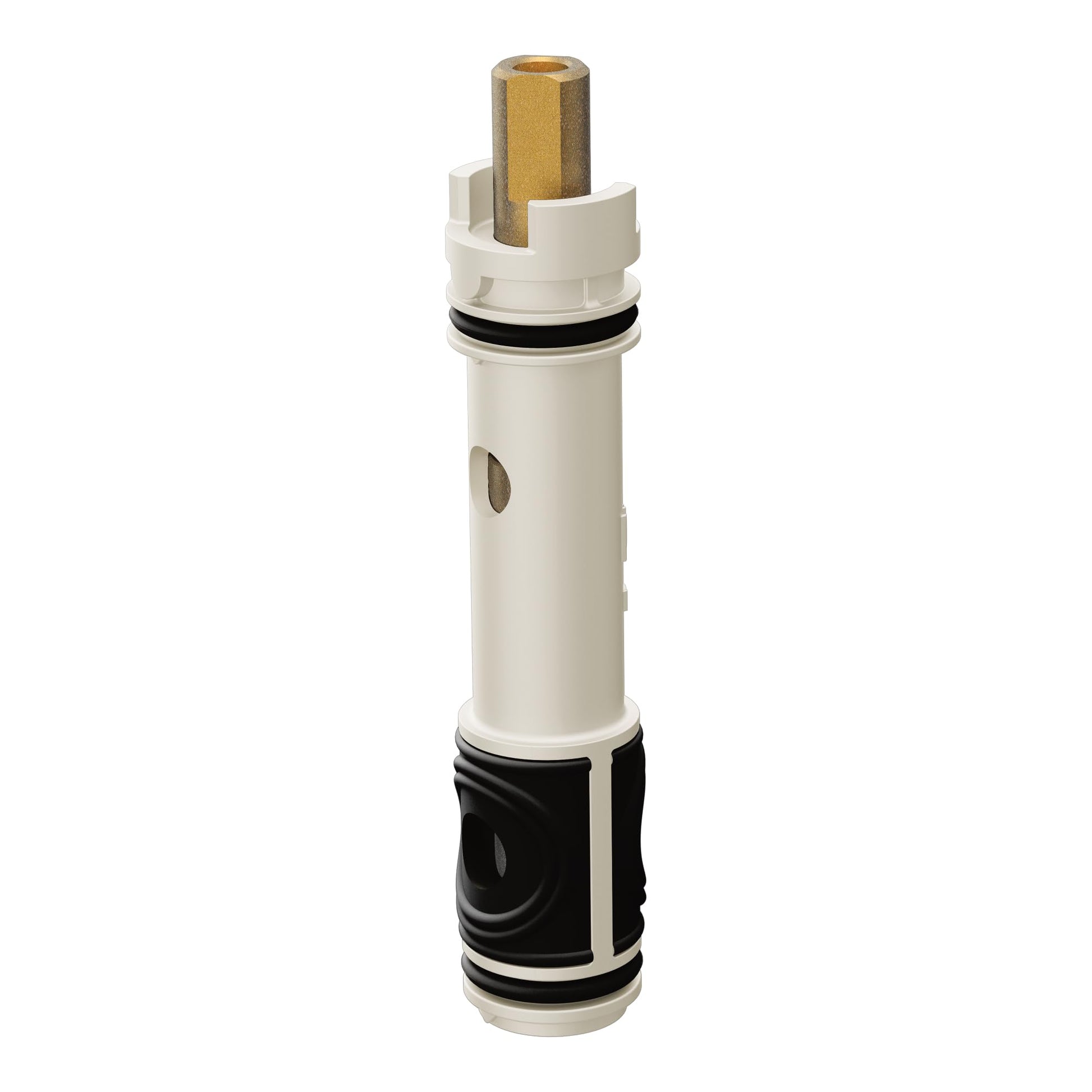 Cylindrical faucet cartridge with white plastic body, brass stem, black rubber seals, and adjustment wrench attached at top.