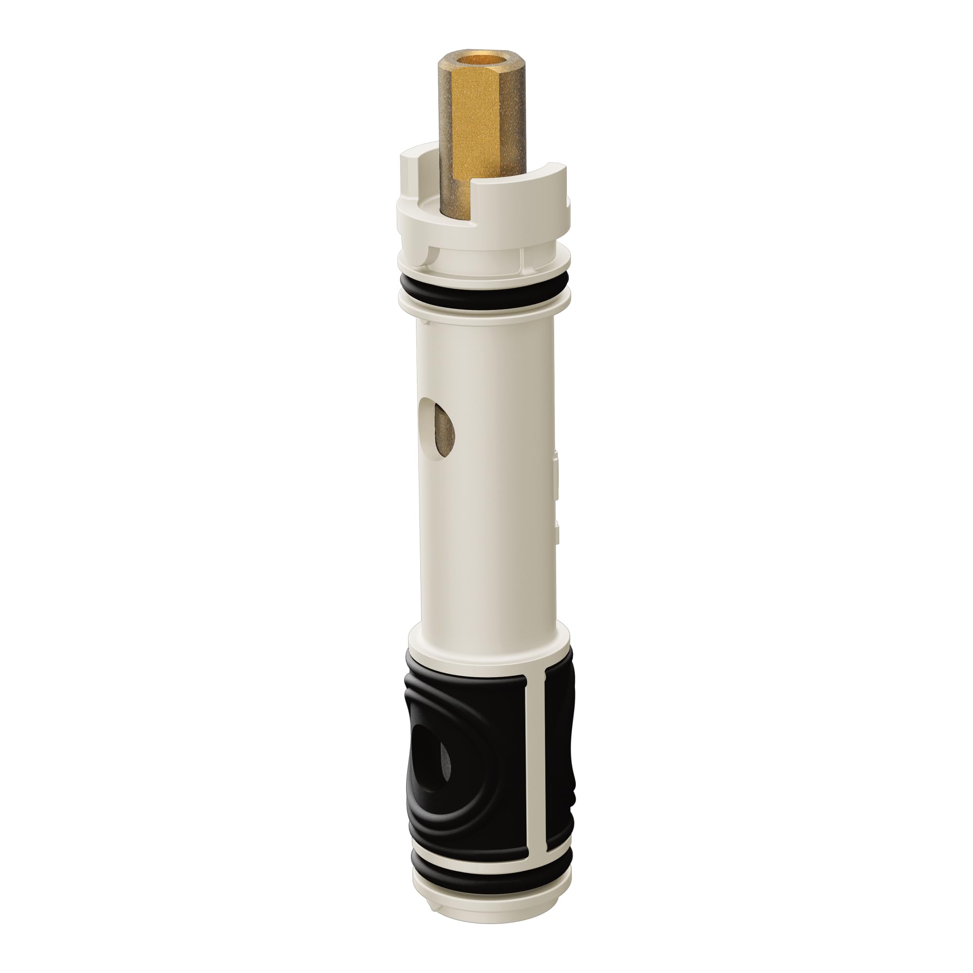Cylindrical faucet cartridge with white plastic body, brass stem, black rubber seals, and adjustment wrench attached at top.