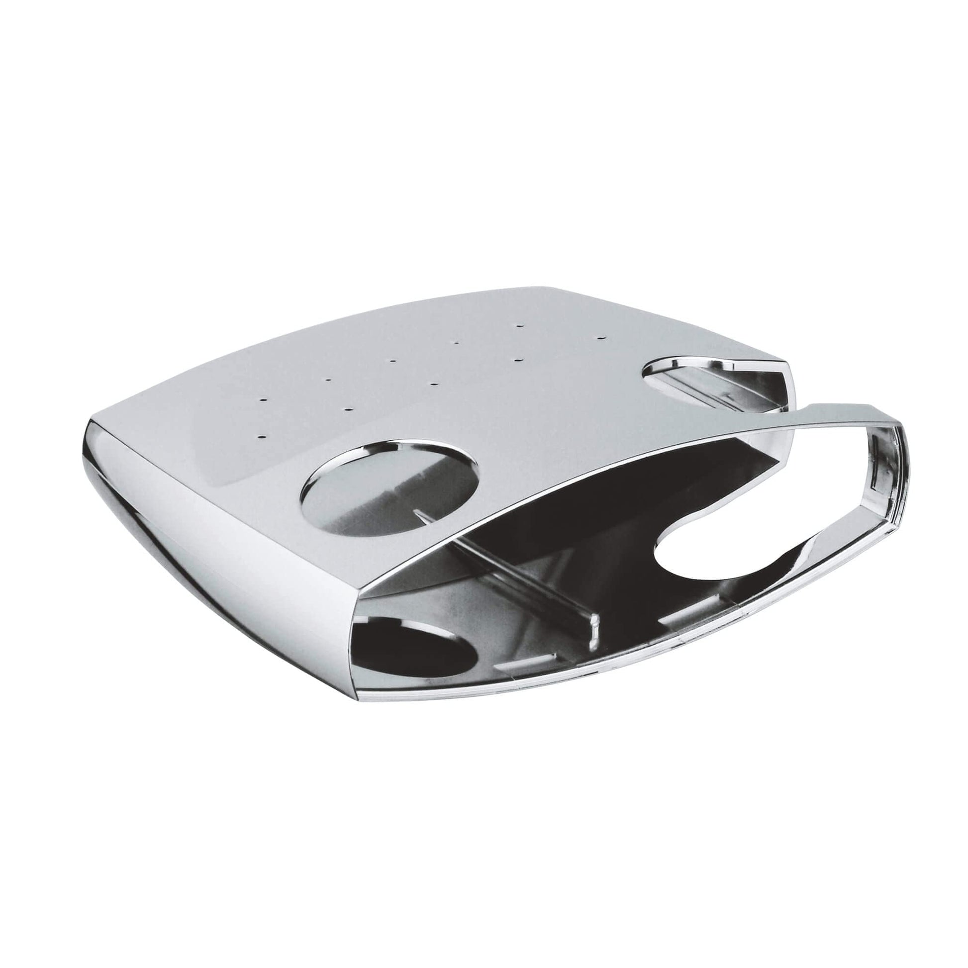 Chrome bracket with curved design, perforated top surface, and curved side cutouts for mounting.