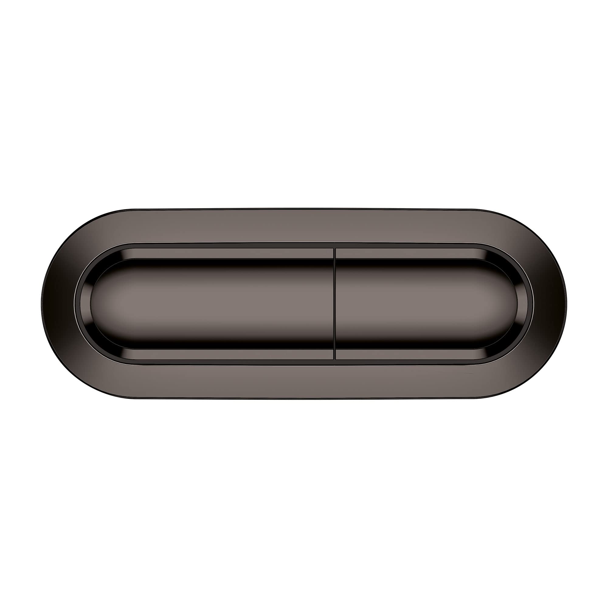 Dark gray trip lever with horizontal oval shape and center divider in matte finish.