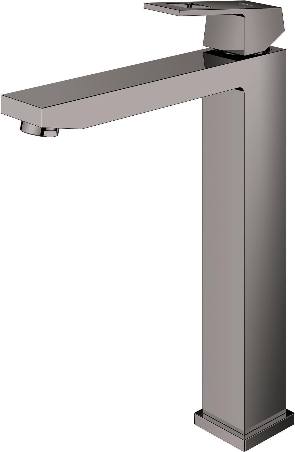 Matte black single-handle vessel sink faucet with tall squared base and extended spout.