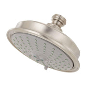 Polished nickel shower head with oval face, multiple spray jets, and adjustable arm connector.