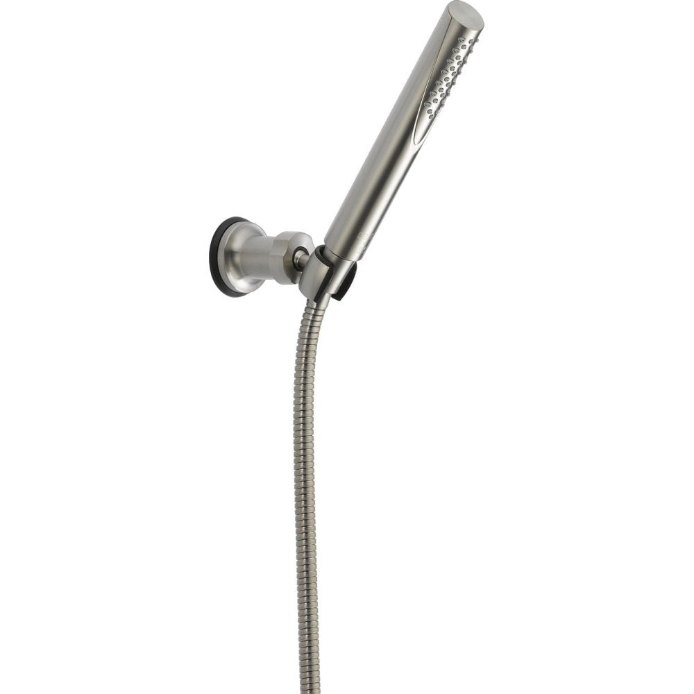 Stainless steel hand shower with wall mount bracket and flexible hose connection.