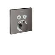 Square brushed black chrome shower valve trim with two function buttons and central temperature control dial marked to 100 de