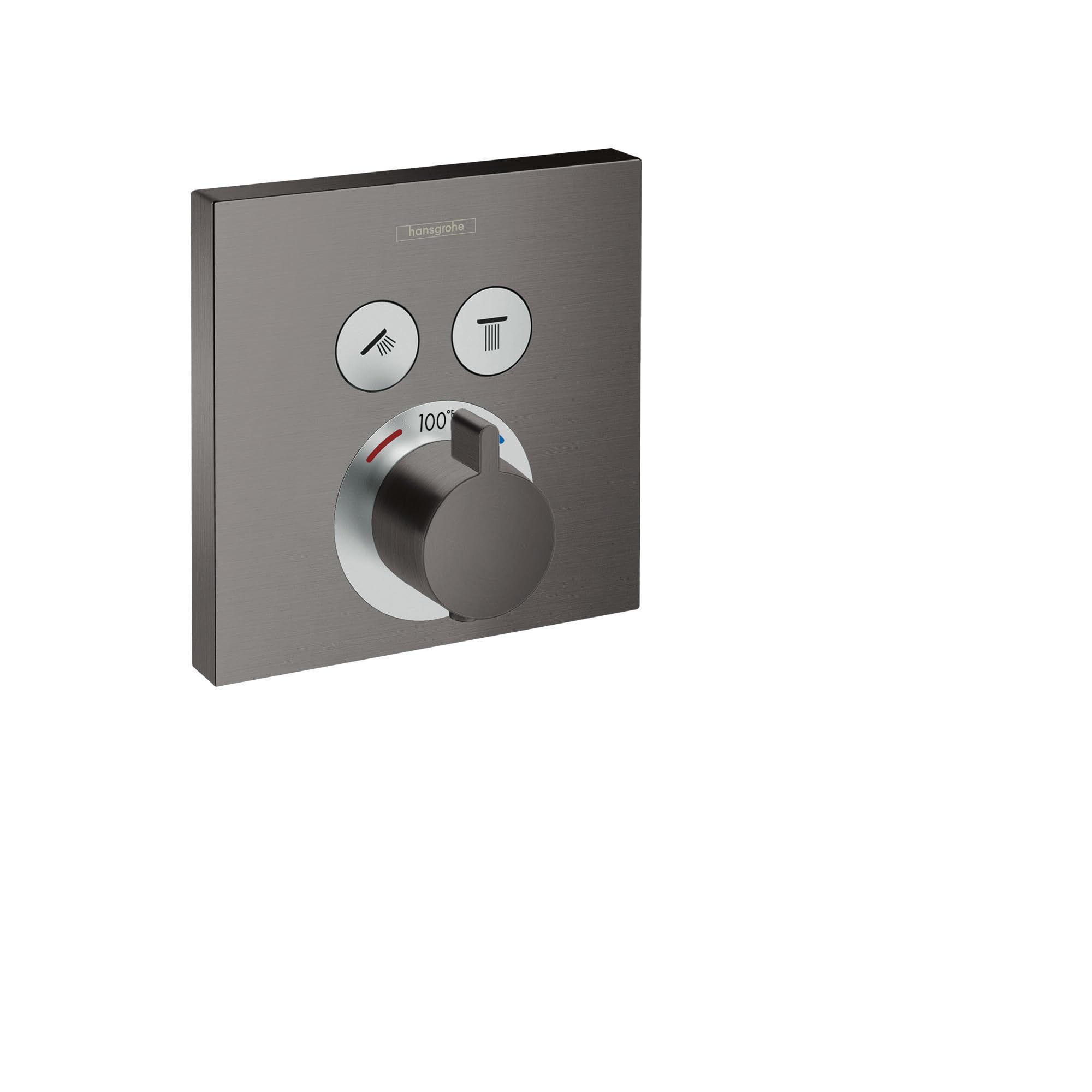 Square brushed black chrome shower valve trim with two function buttons and central temperature control dial marked to 100 de