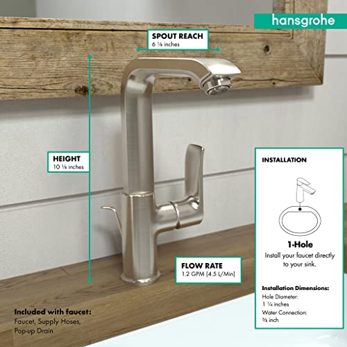 Brushed nickel single-hole kitchen faucet with tall curved spout, 10.5 inches high, 6.5 inches spout reach.