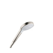 Brushed nickel handheld showerhead with white spray face and curved handle against white background.