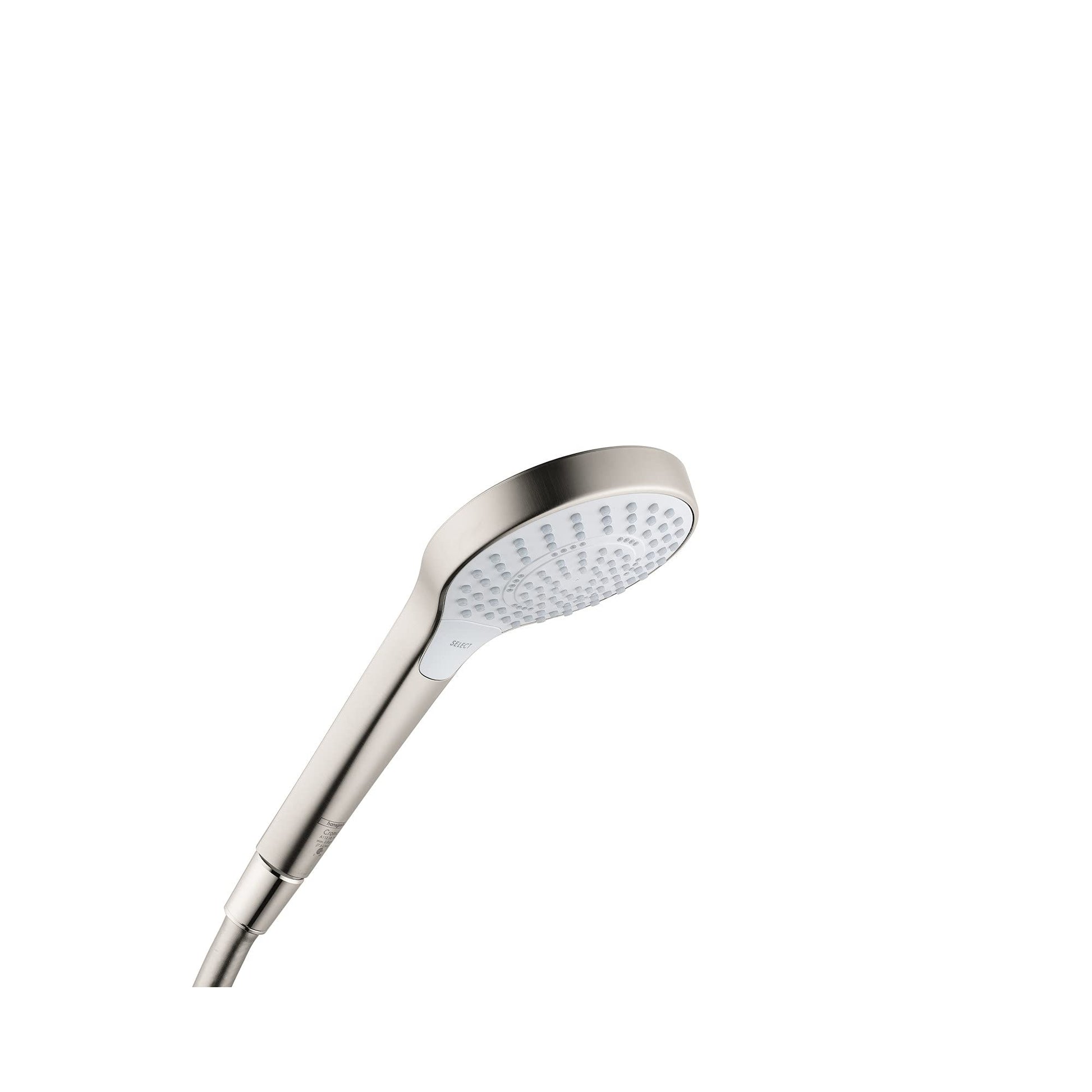 Brushed nickel handheld showerhead with white spray face and curved handle against white background.