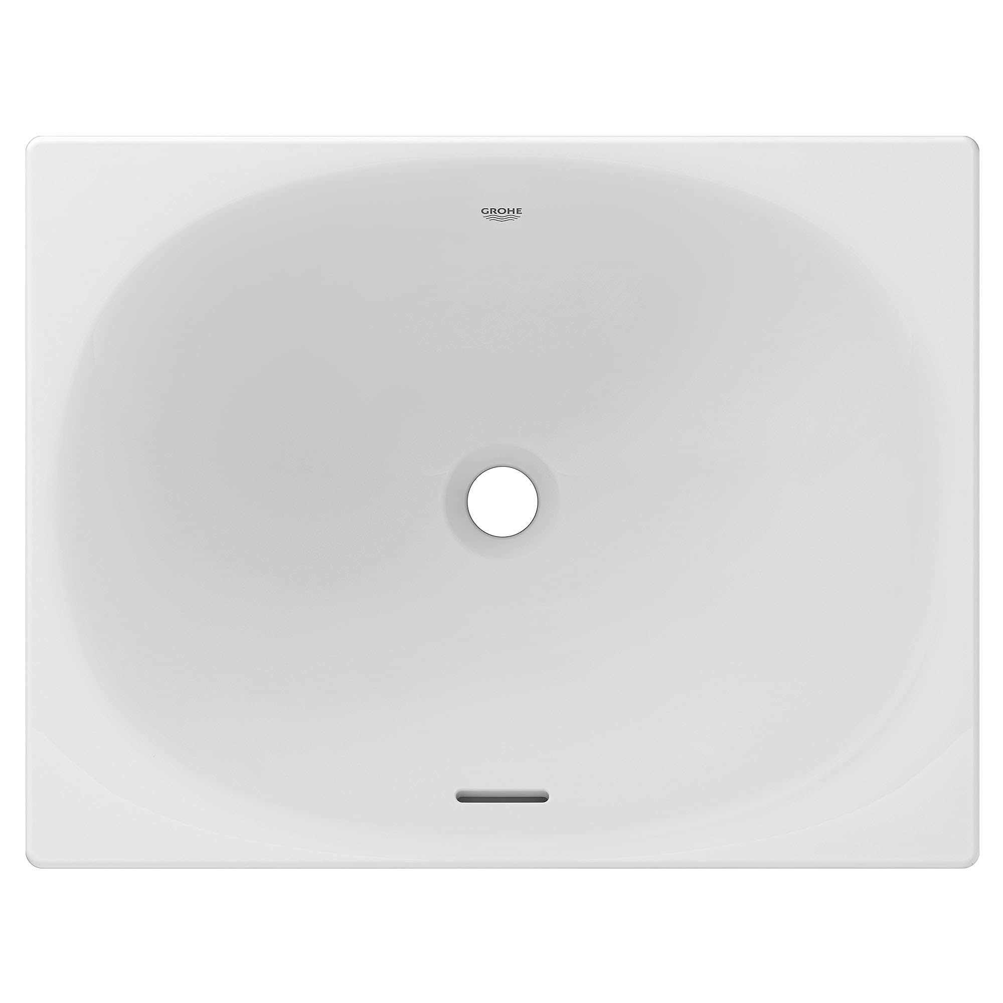 White rectangular under-counter bathroom sink with rounded corners, single center drain hole, and Grohe branding.