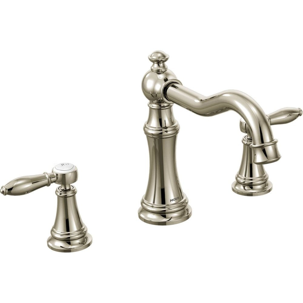 Polished nickel two-handle high arc Roman tub faucet with curved spout and lever handles.