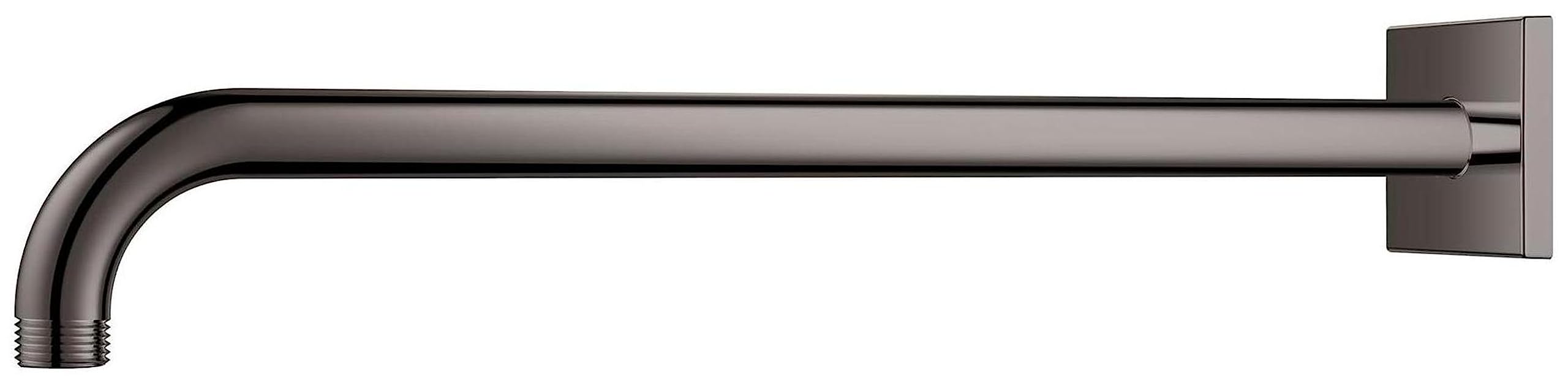 Matte black curved shower arm with square wall mount bracket and threaded connection port.