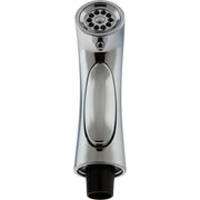 Chrome side spray head with multi-hole spray face, ergonomic handle, and black hose connection at base.