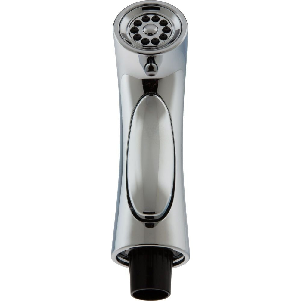 Chrome side spray head with multi-hole spray face, ergonomic handle, and black hose connection at base.
