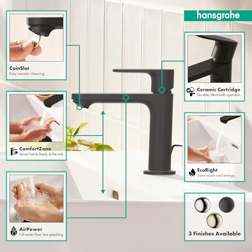 Matte black single-hole bathroom faucet with curved spout, pop-up drain, and labeled feature callouts.