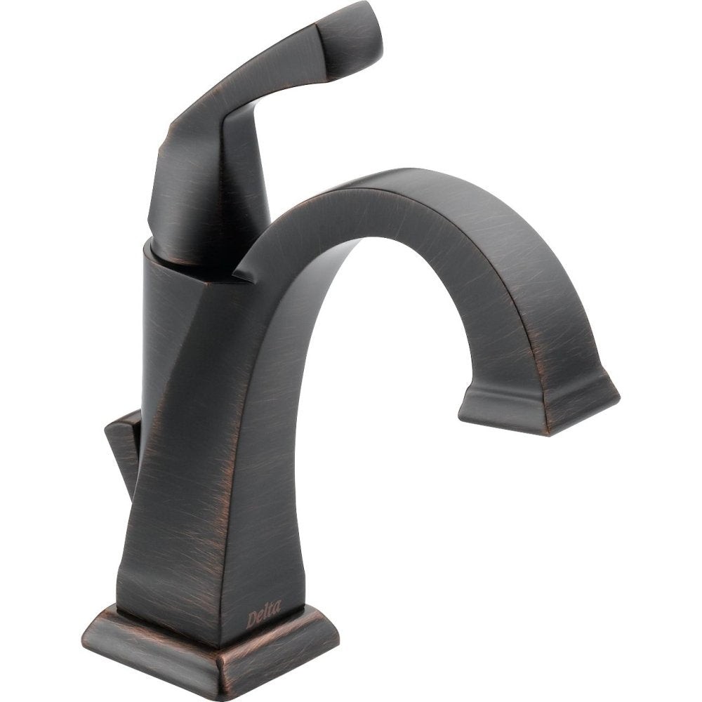 Black single-handle bathroom faucet with curved spout and square base, brushed finish with bronze accents.