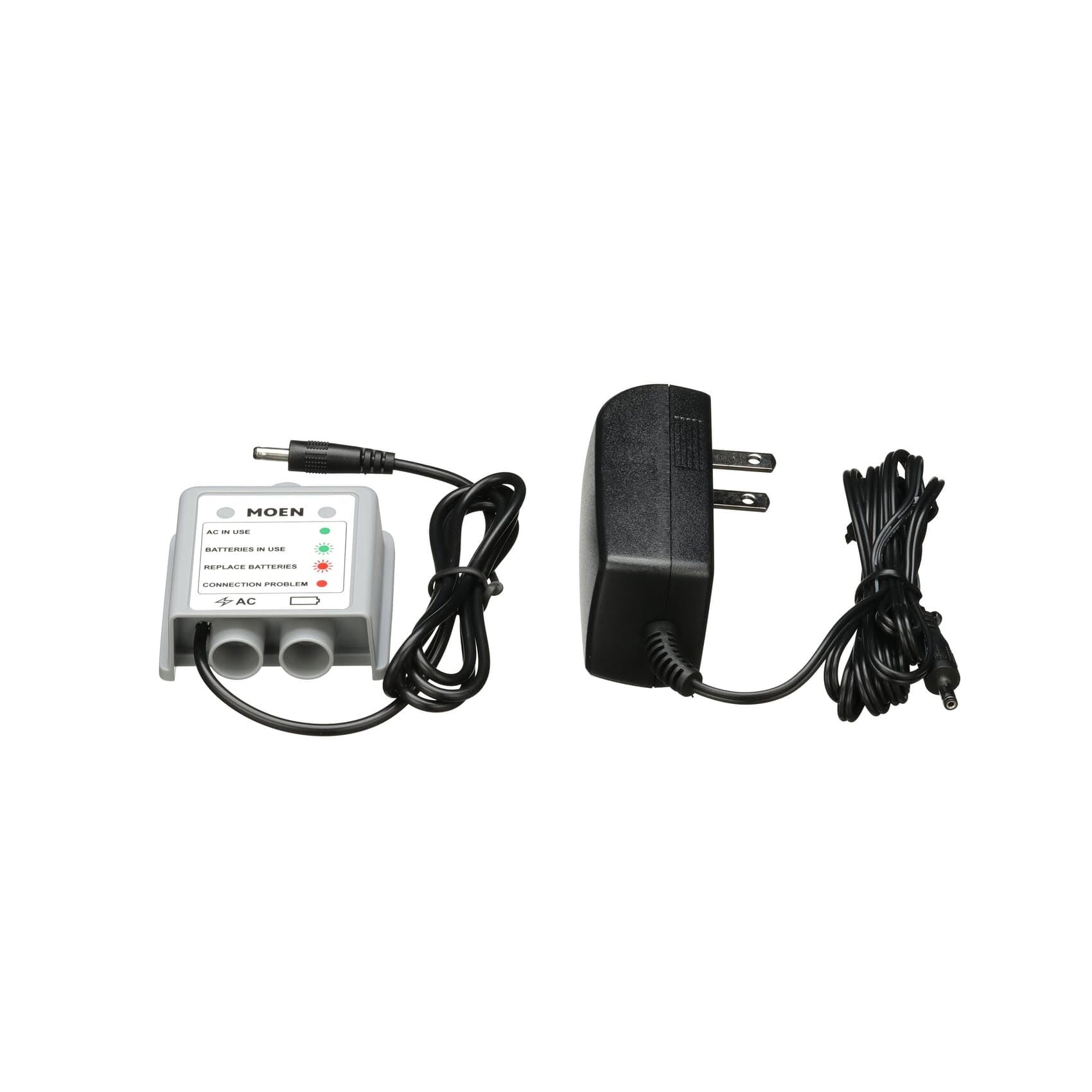 Moen AC power adapter with Y-splitter connector and wall plug unit with coiled power cord.