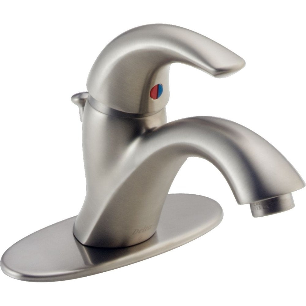 Brushed nickel single handle bathroom faucet with curved spout, red and blue temperature indicator, and oval base.